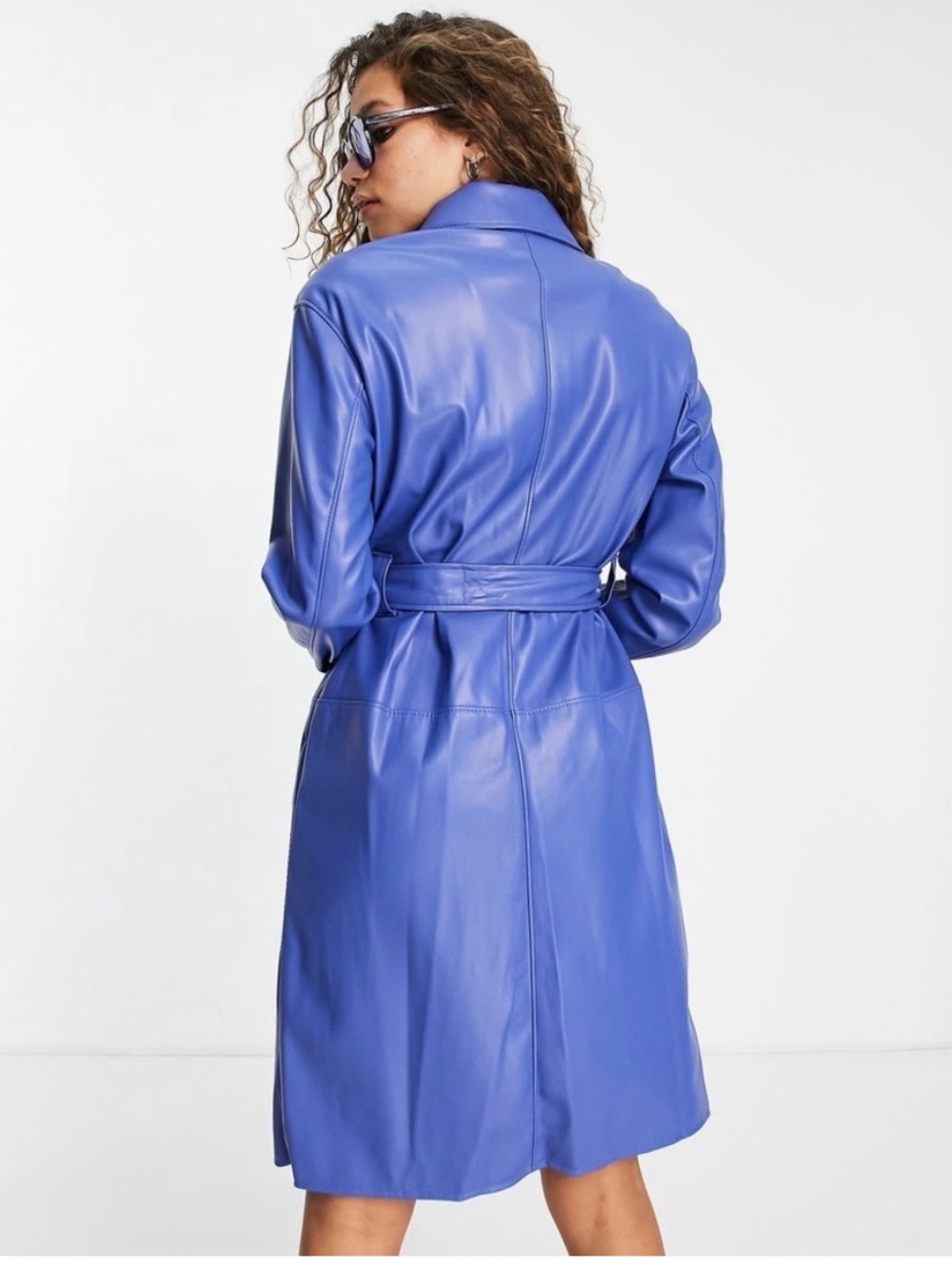 Bershka Electric Blue Faux Leather Trench Coat with Belt